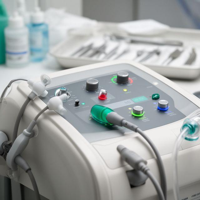 Vakuumtherapie-Konsole mit Reglern und Schläuchen neben Sterilisationszubehör