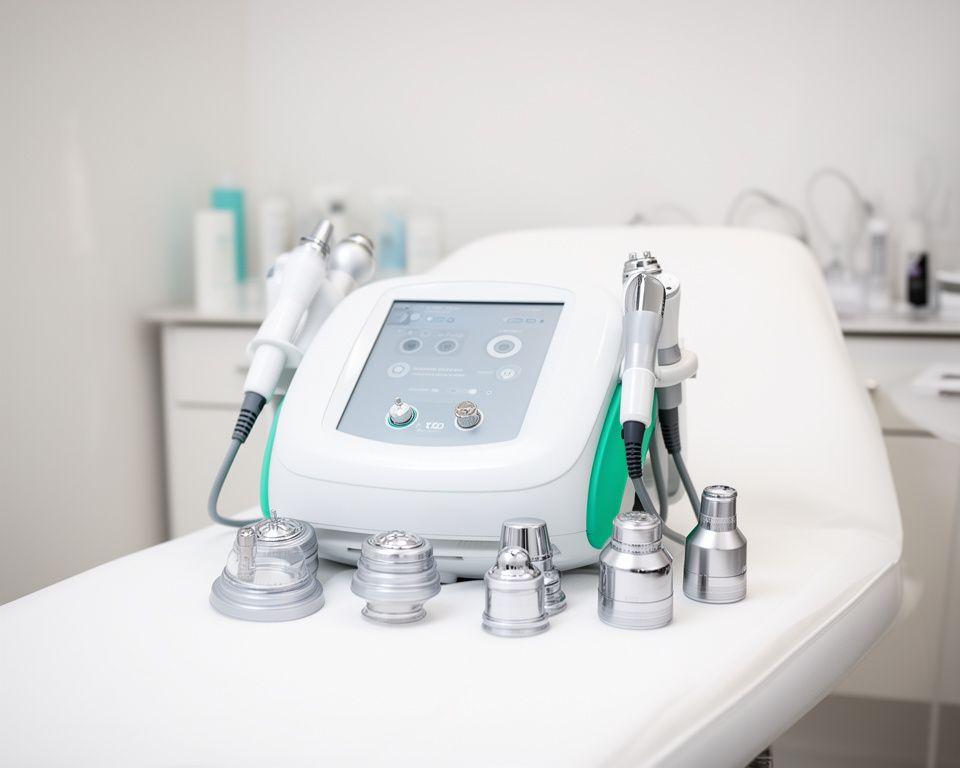 Hydra-Dermabrasionsgerät mit Aufsätzen auf einer weissen Behandlungsliege im Studio